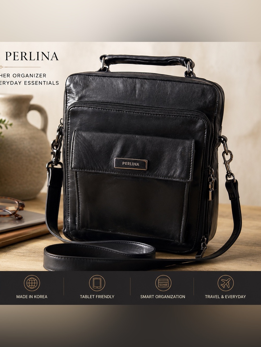 Vintage Perlina Black Leather Organizer Tablet Crossbody Messenger Travel Bag